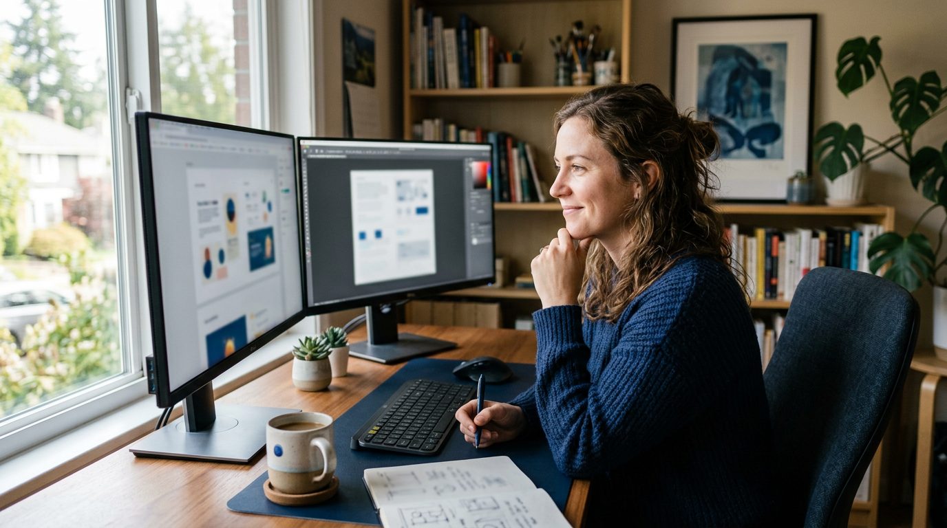 Freelance designer reviewing an AI-generated application pack on a laptop at a home desk